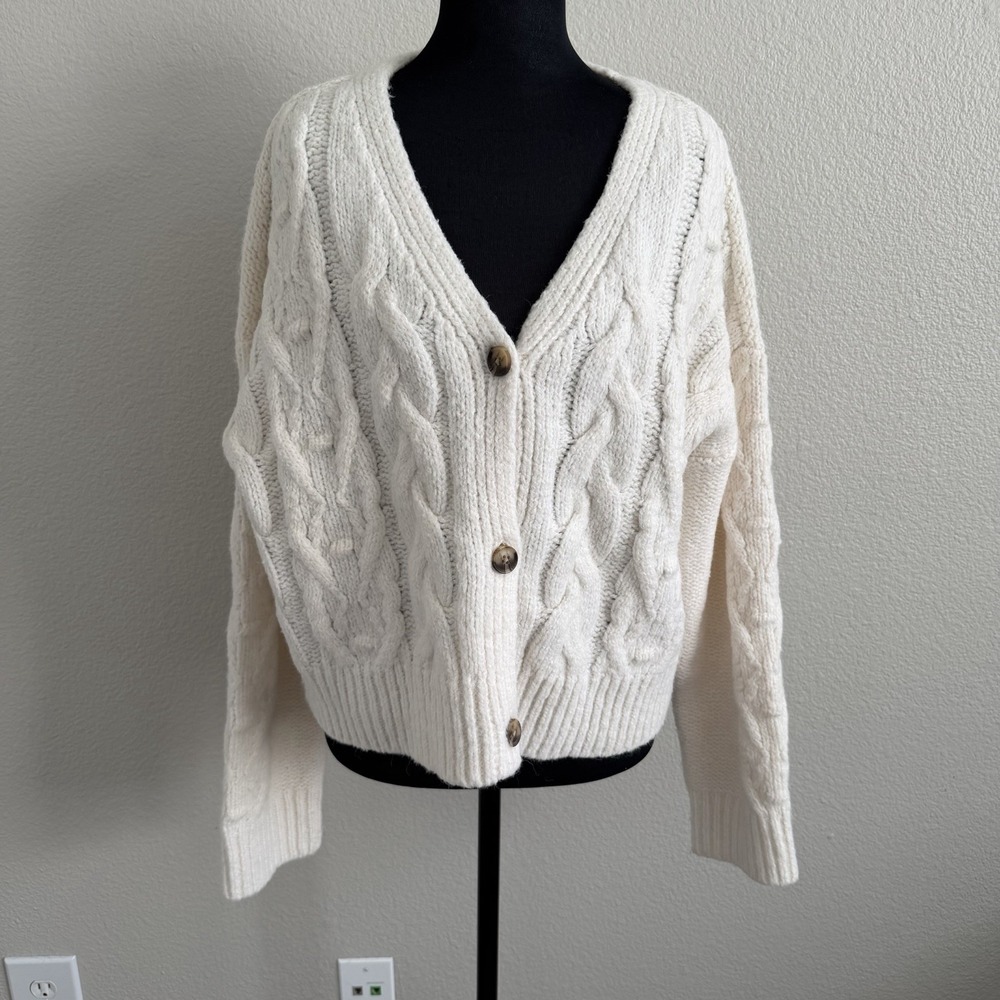 Lucky Brand Women's Large Chunky Cable Knit Cardigan Stretch Wool Blend Ivory
